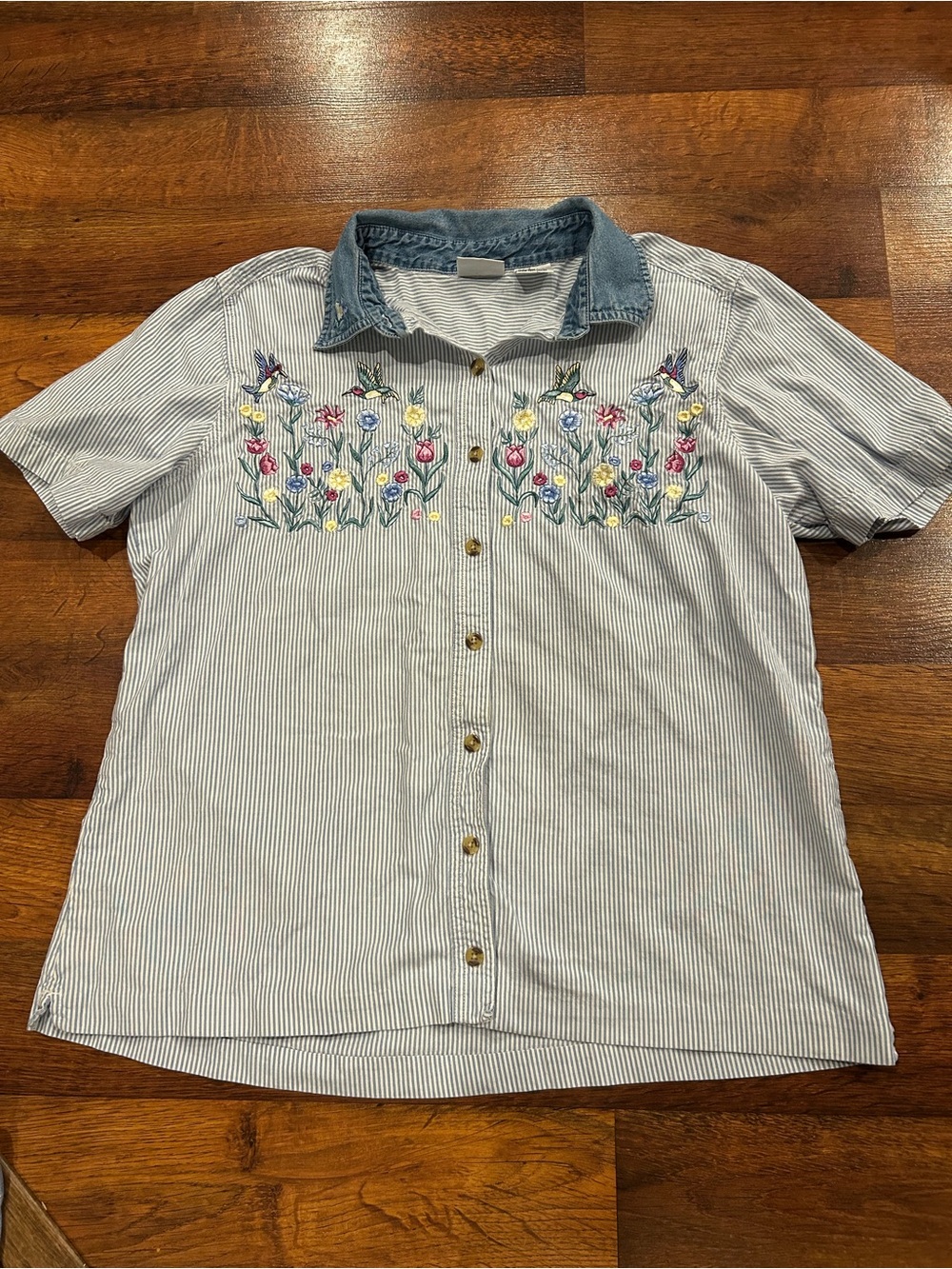 Vintage Bobbie Brooks Striped Button-Up Shirt with Floral Hummingbird Embroidery